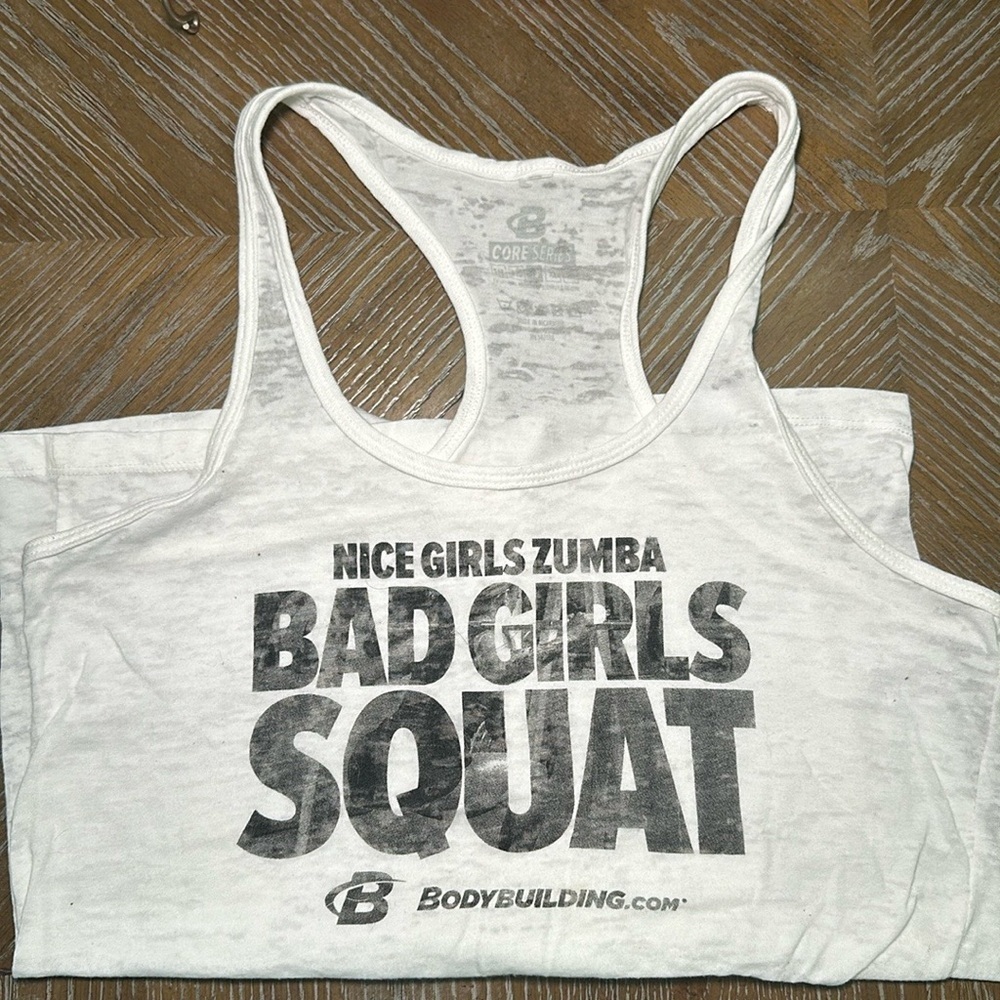 Bodybuilding.com Womens Bad Girls Squat Graphic Tank Top White Large Burnout Gym - Picture 1 of 2